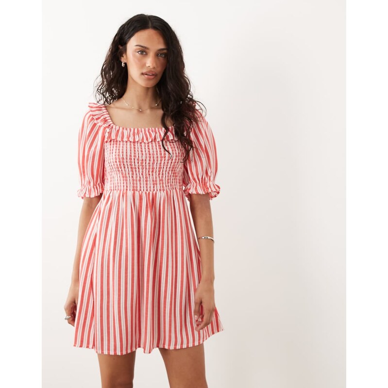 New Look stripe shirred frill trim mini dress in red