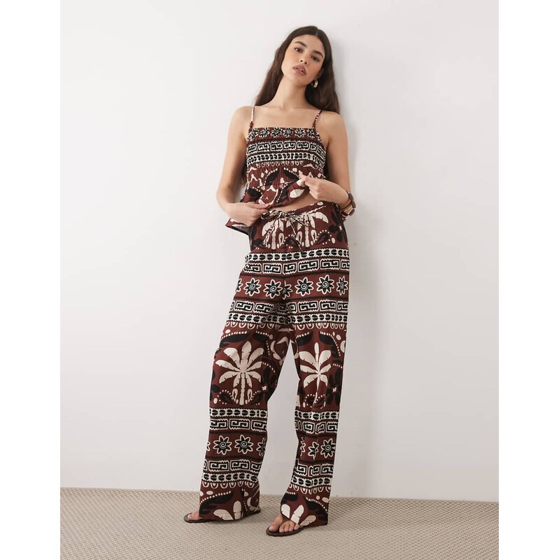 New Look co-ord palm beaded wide leg trousers in red-Black 115730665