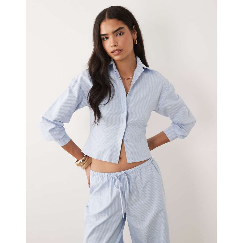 Missyempire balloon sleeve fitted shirt co-ord in blue pinstripe 115712040