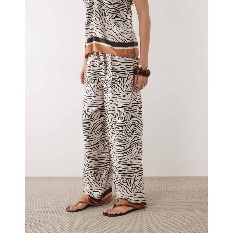River Island satin zebra print wide leg trousers in cream-White