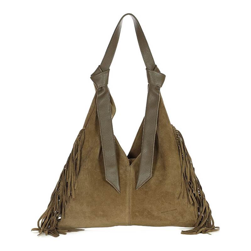 MARCO MAZZINI Béžová taupe semišová shopper kabelka s třásněmi