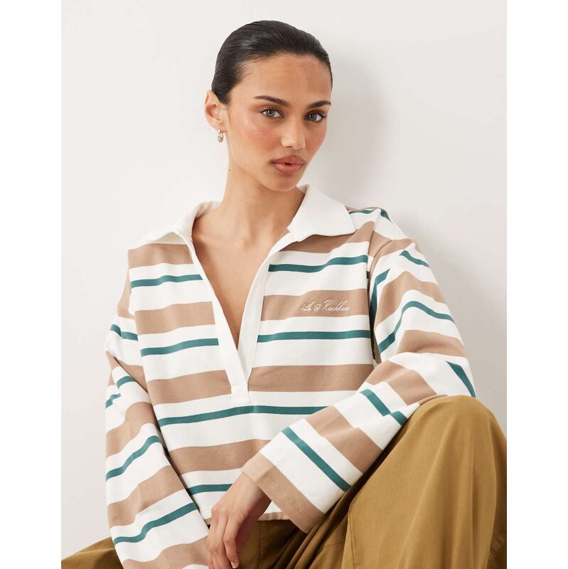 4th & Reckless collared cropped rugby top in white multi stripe 115535760