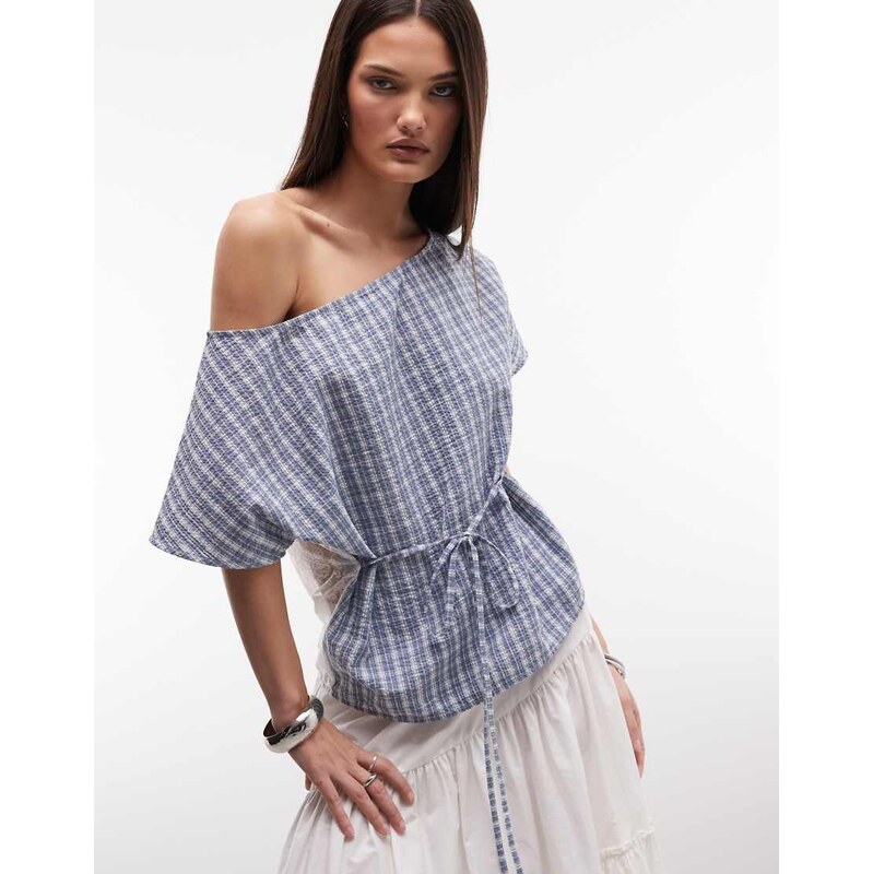 Susmies azucena blue check top with contrast lace and tie in blue 115535770