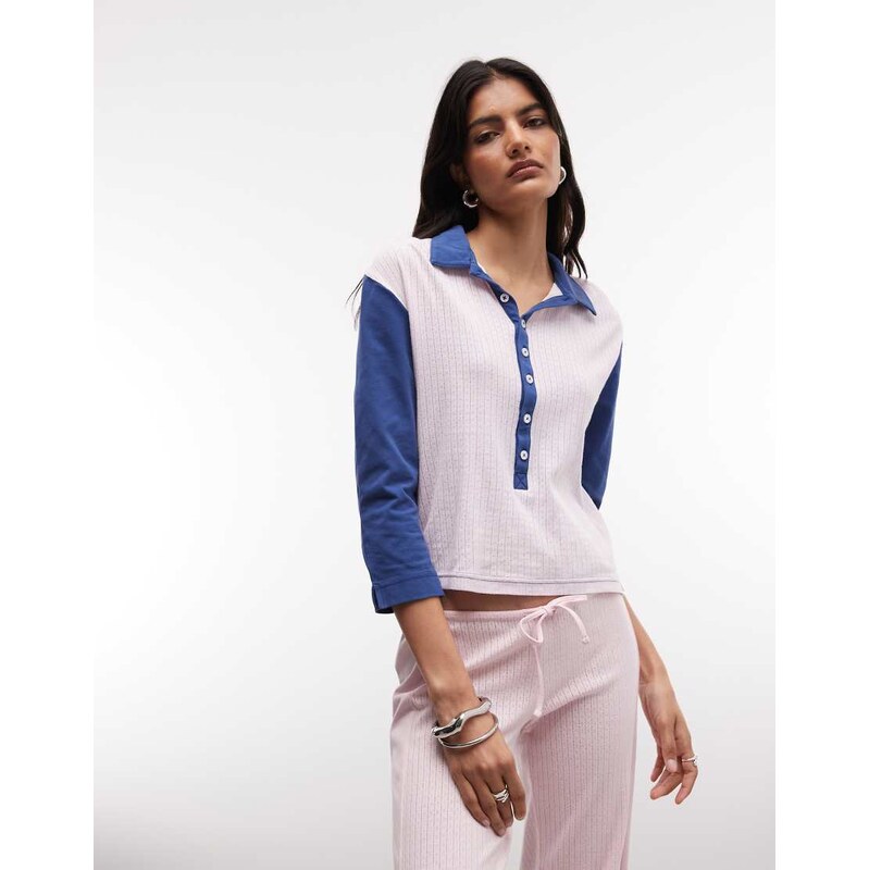 Susmies Susmies camella pointelle contrast button down top in