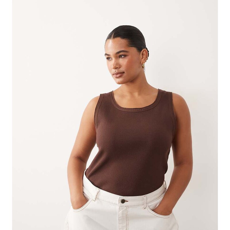 ARRANGE Curve ribbed vest with raw cotton trim chocolate-Brown 115535855