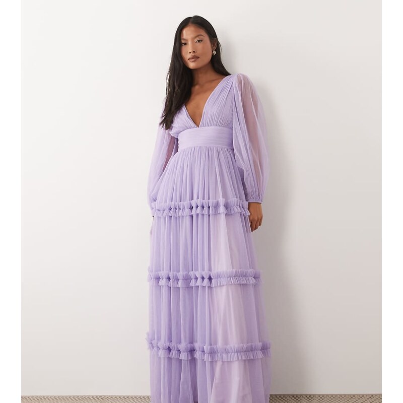 Lace & Beads Petite tulle v-neck balloon sleeve maxi dress in