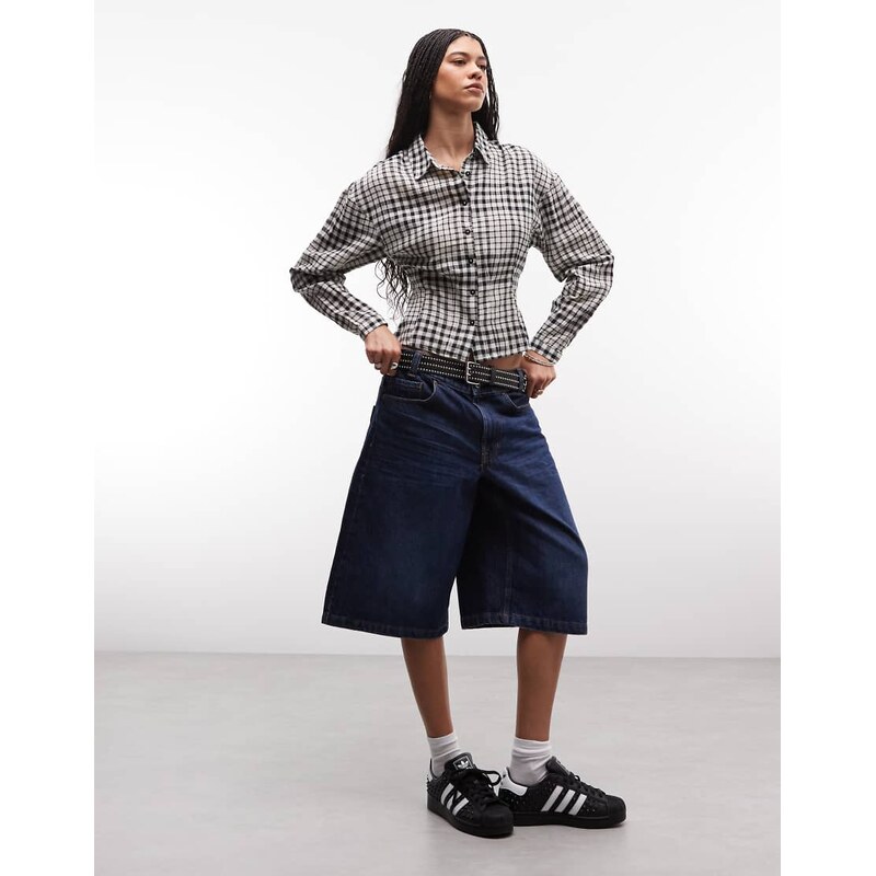 COLLUSION cinched waist long sleeve shirt in beige and black