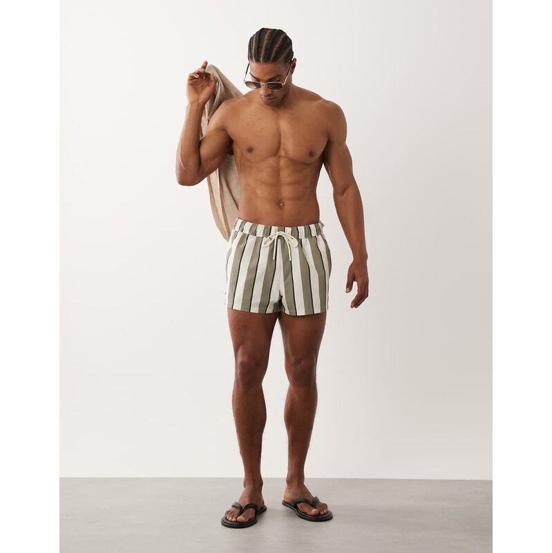 ASOS DESIGN swim shorts in super short length in khaki stripe