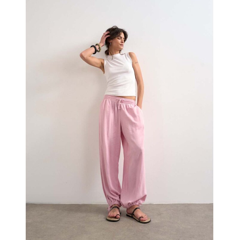Topshop linen balloon trouser with tie waist in light pink 115535699