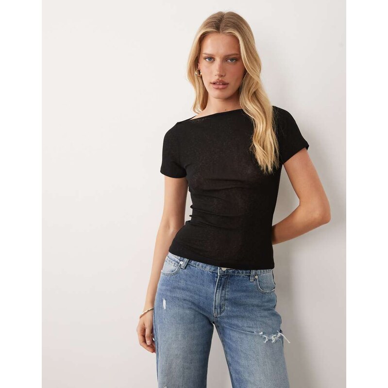 ASOS DESIGN textured mesh slash neck short sleeve top in black