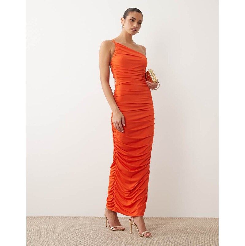TFNC slinky one shoulder ruched open back maxi dress in orange 115535782