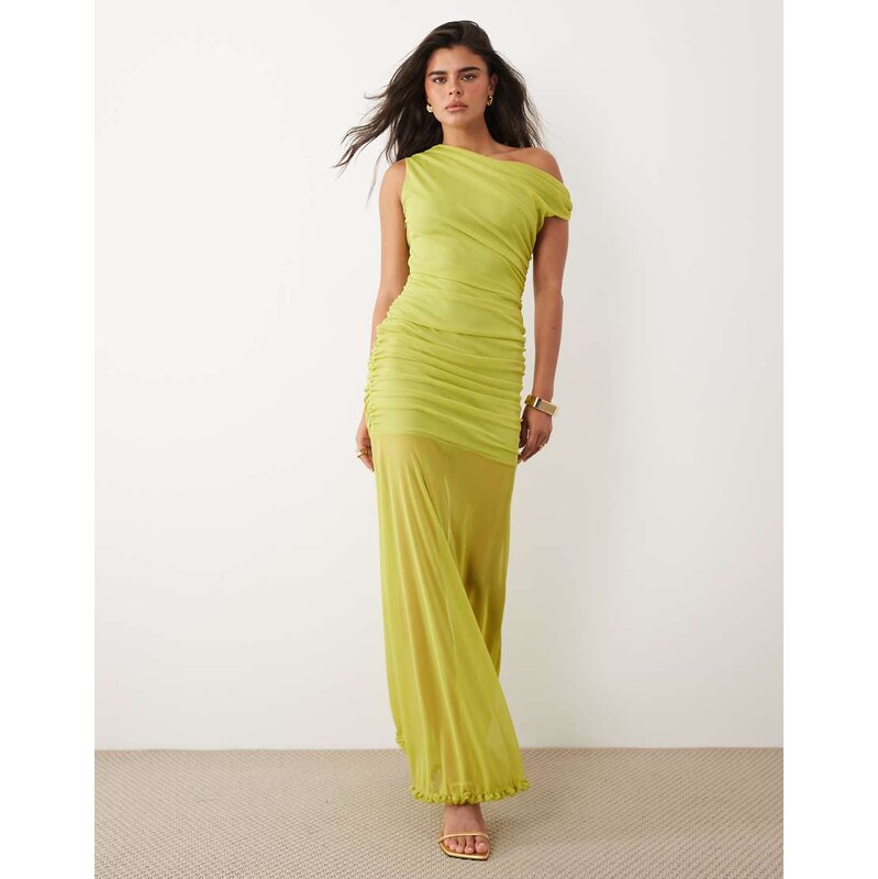 TFNC mesh asymmetric off shoulder ruched sheer hem maxi dress in lime 115535784