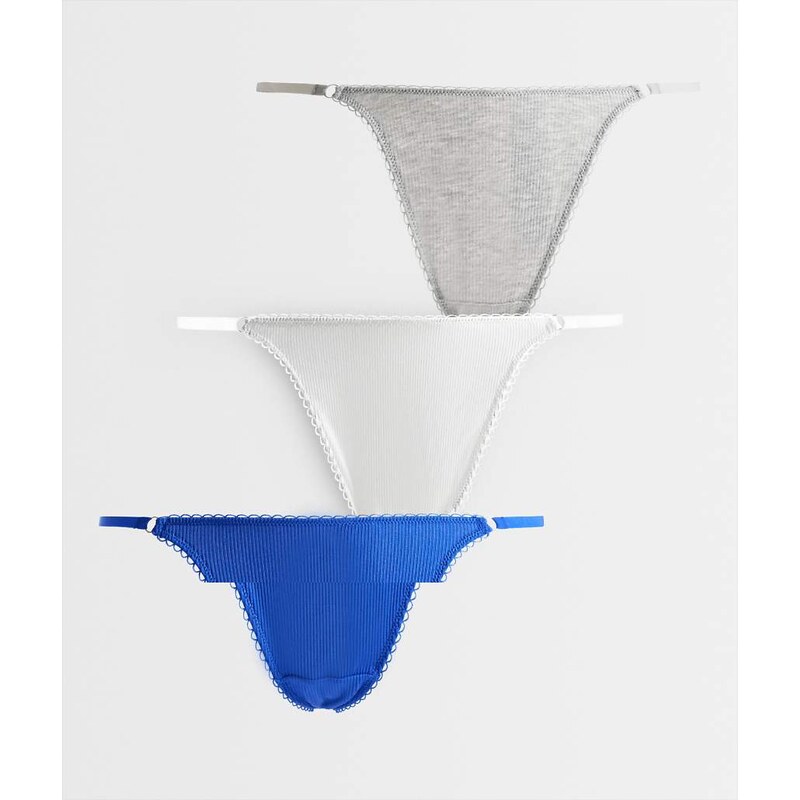 ASOS DESIGN 3 pack rib tanga thong with picot trim in cream, grey marl 115535785