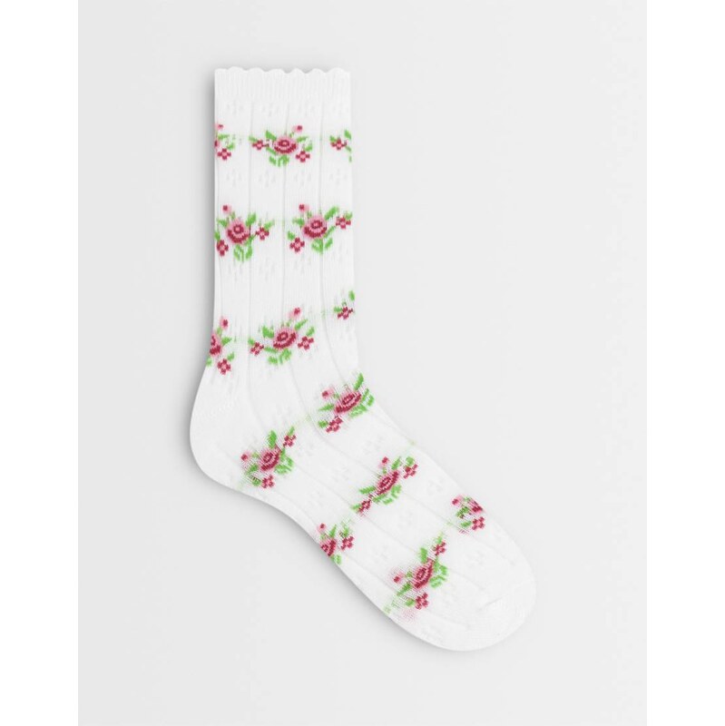 Pieces pointelle socks with rose print in white 115535787