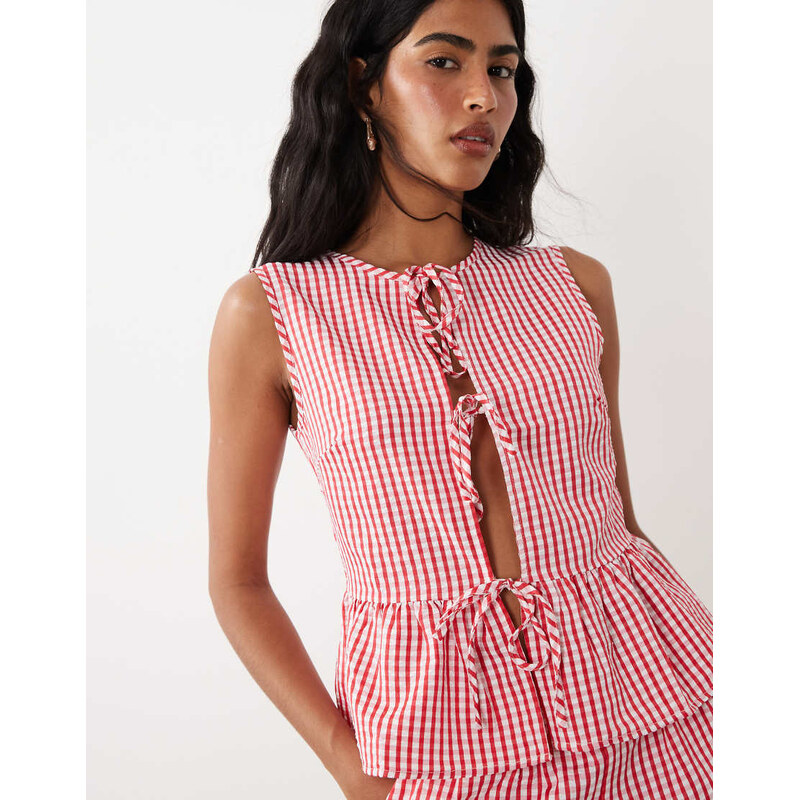Vila tie front peplum hem top co-ord in red and white gingham