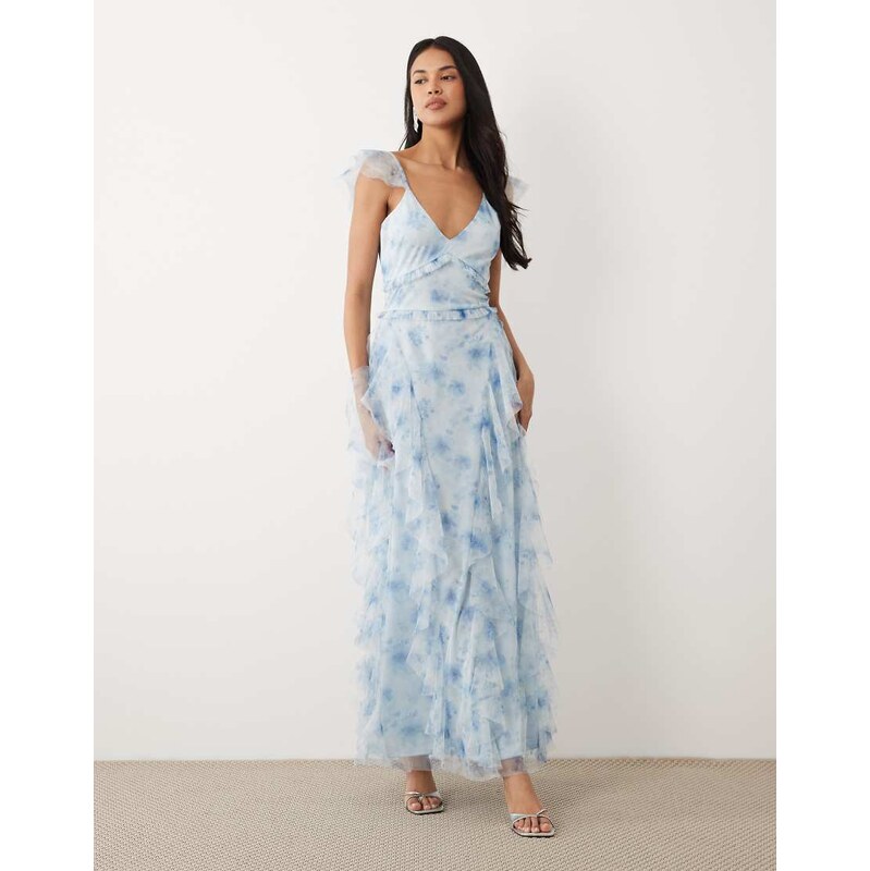 Lace & Beads tulle cami ruffle maxi dress in blue floral print-Multi 115535860