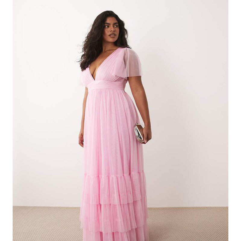 Lace & Beads Plus Bridesmaid Madison smocked flutter sleeve tiered 115535863