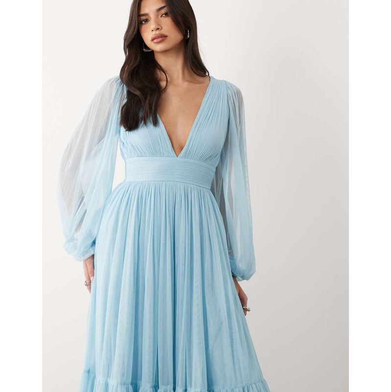 Lace & Beads Bridesmaid Madison smocked plunge neck sheer sleeve