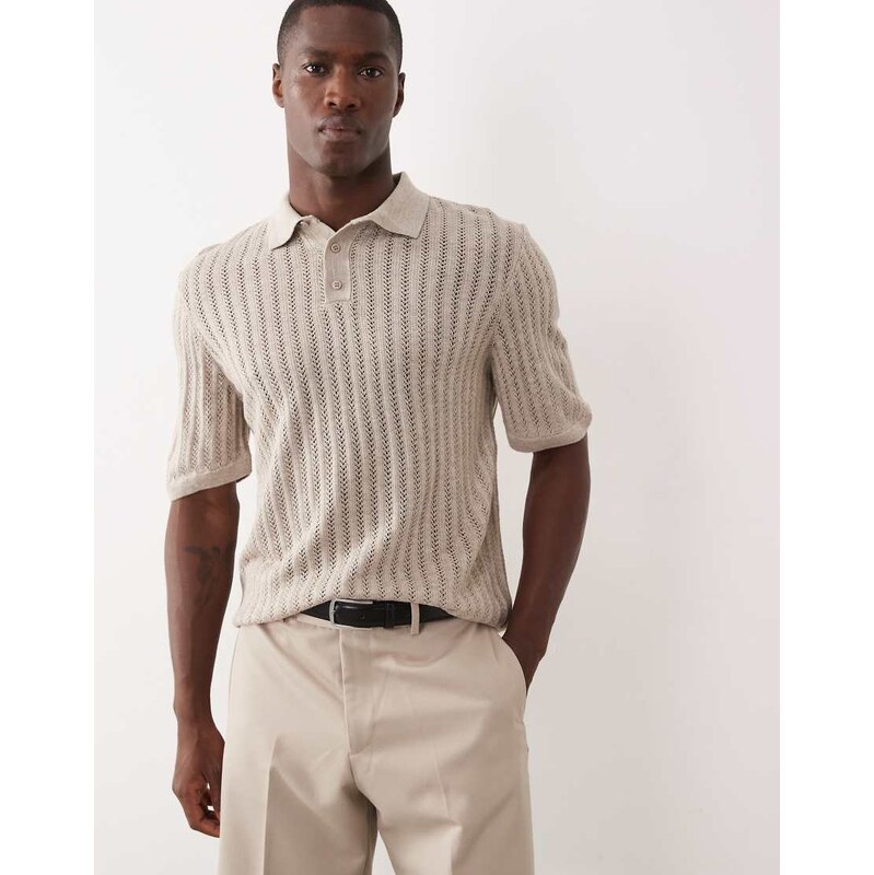ASOS DESIGN knitted pointelle stitch button polo in stone