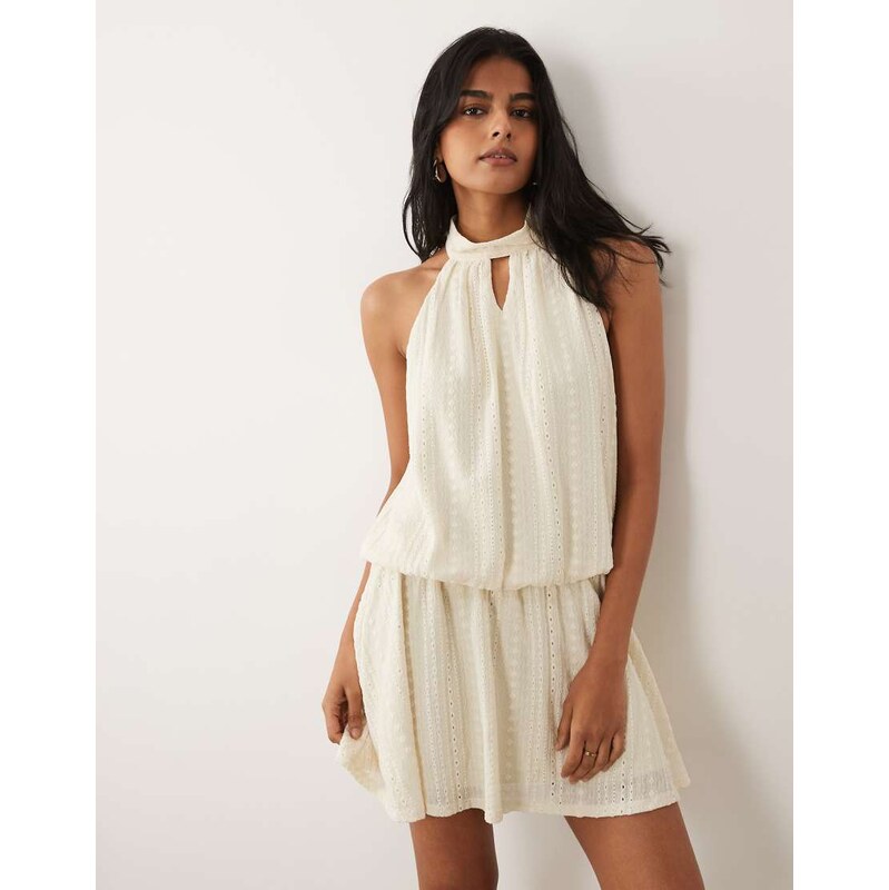 ASOS DESIGN jersey broderie halter mini dress in cream-White