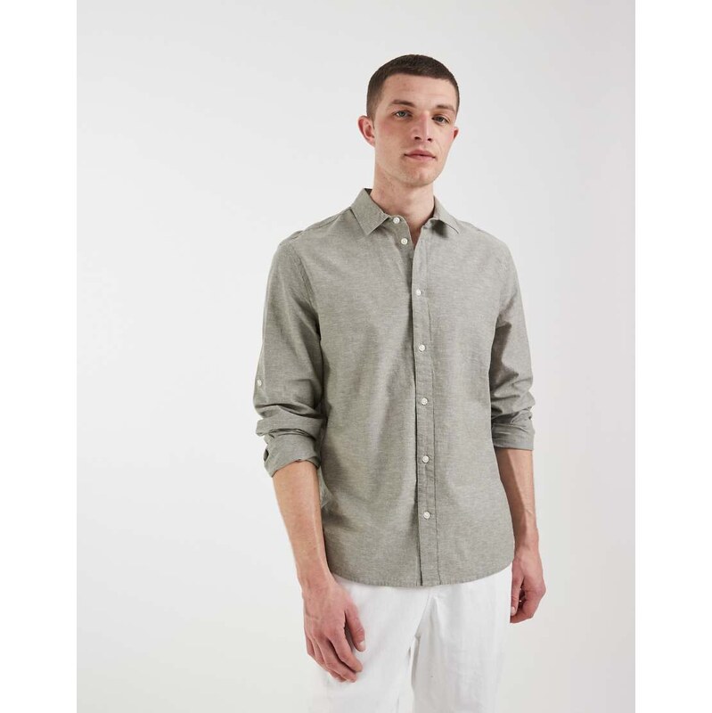 BLEND cotton-linen long sleeve regular fit shirt in dusty olive