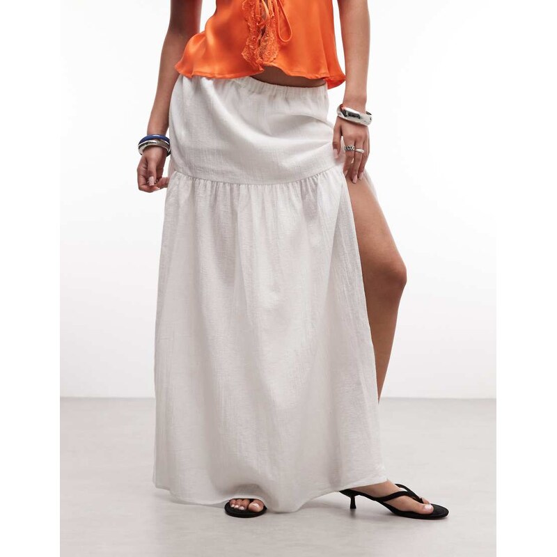 Noisy May boho pleated maxi skirt with side split in white