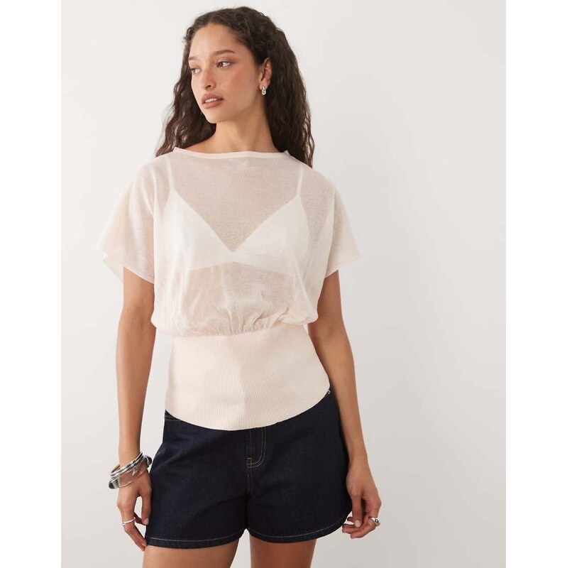 ASOS DESIGN fine knit sheer cinched top in ecru-White
