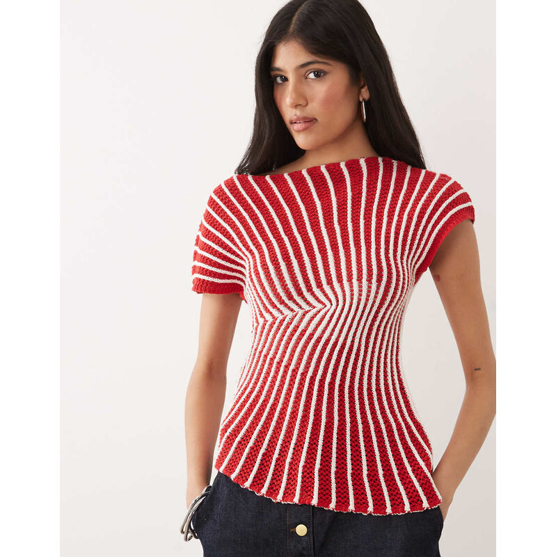 ASOS DESIGN crochet knit pleated top in red stripe