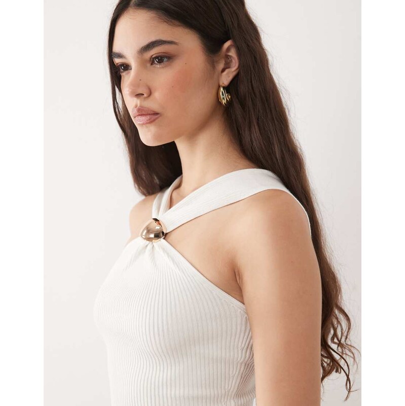 River Island knitted halterneck brooch top in cream-White 115536009