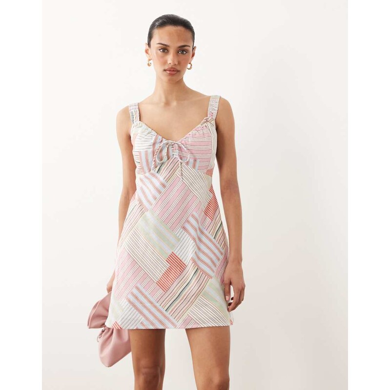 Abercrombie & Fitch linen rich milkmaid mini dress in abstract stripe 115591736