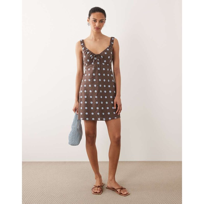 Abercrombie & Fitch v neck mini dress in brown and blue polka dot 115591741