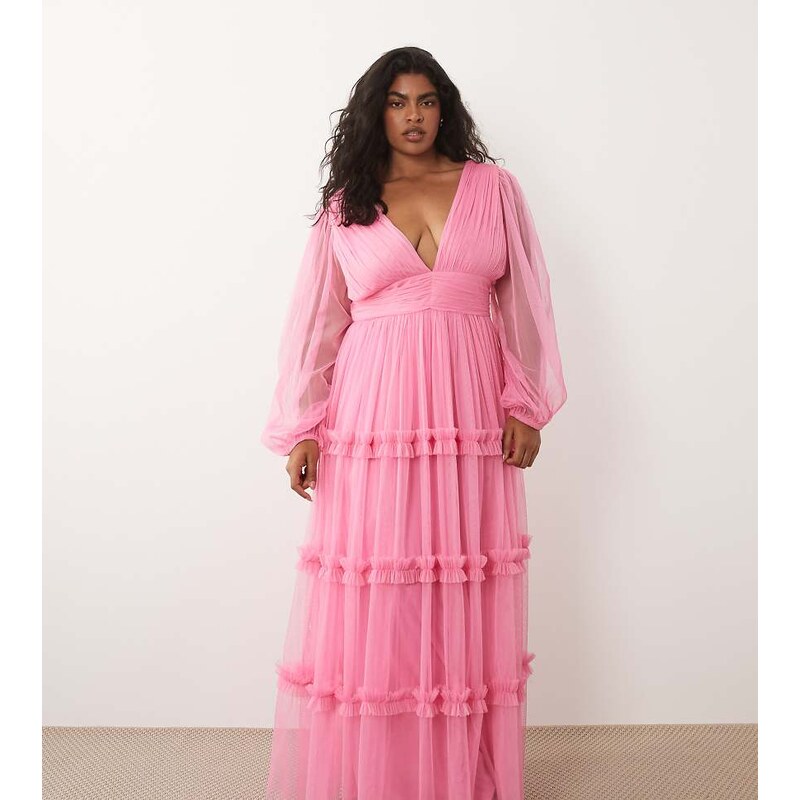 Lace & Beads Plus tulle plunge neck ruffle tiered maxi dress in