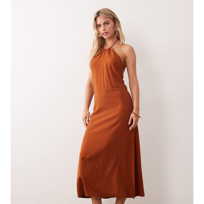Miss Selfridge Petite linen look halter maxi dress in rust