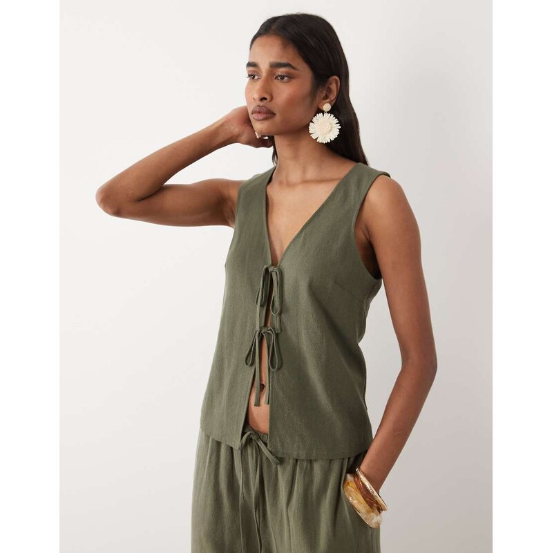 Miss Selfridge linen look tie front waistcoat in olive-Green