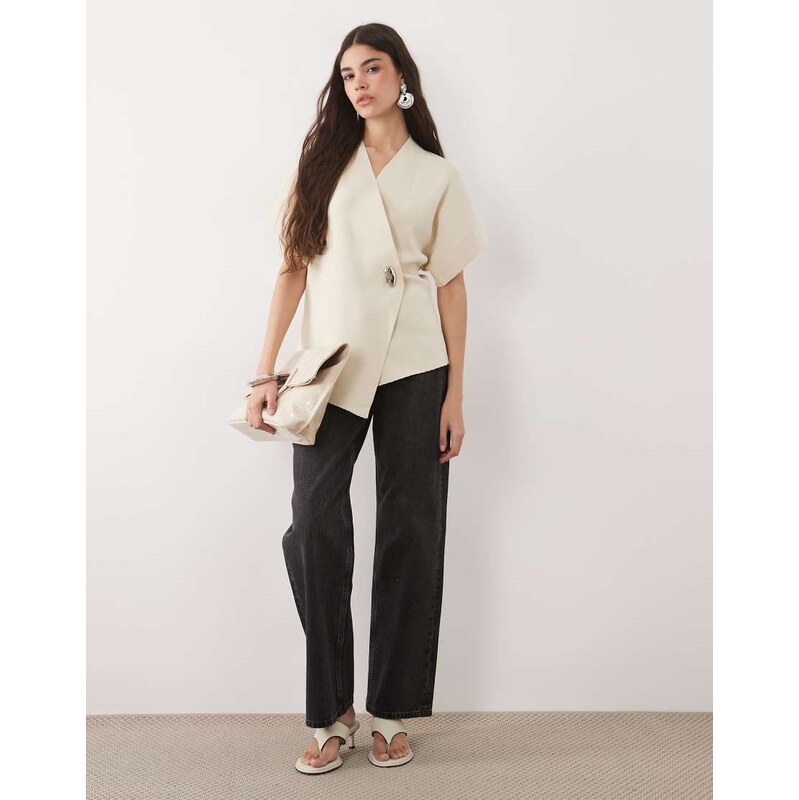 Pretty Lavish wrap open sleeve hardware detail jacket in cream-White 115541587