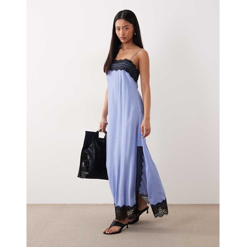 ASOS DESIGN cami maxi slip dress with lace trims in blue stripe print-Multi