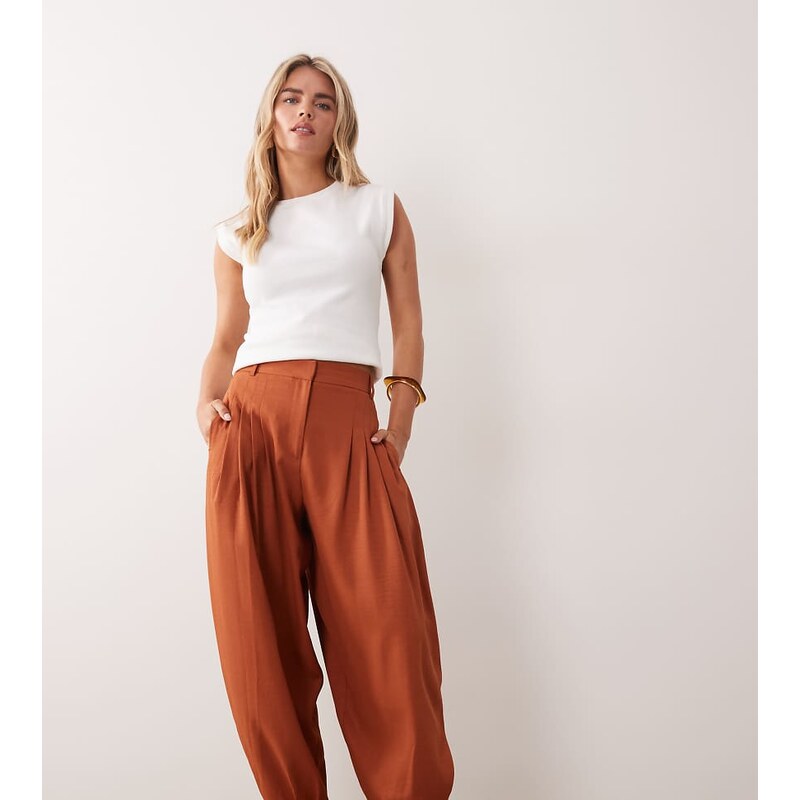 Miss Selfridge Petite tailored balloon trouser in rust-No colour