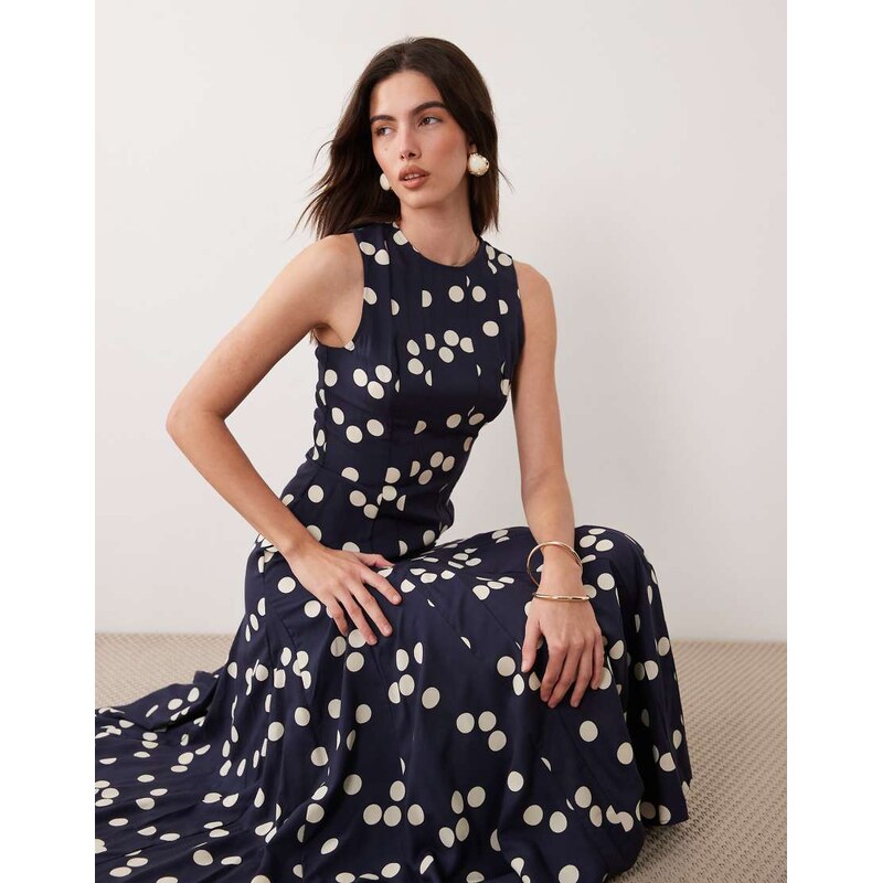 ASOS DESIGN racer maxi dress with godets in navy spot-Multi