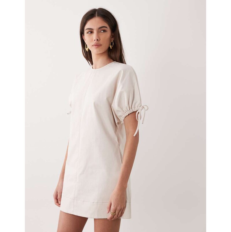 ASOS DESIGN crew neck mini dress with tie sleeve detail in ivory-White