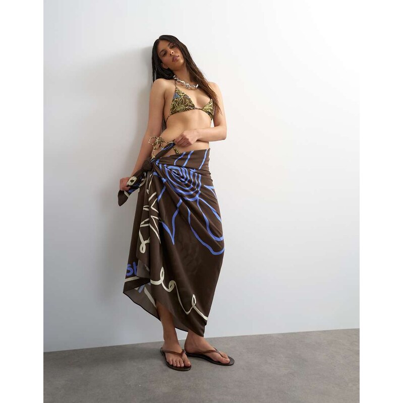 Topshop rectangle sarong in chocolate shell print-Brown 115541640