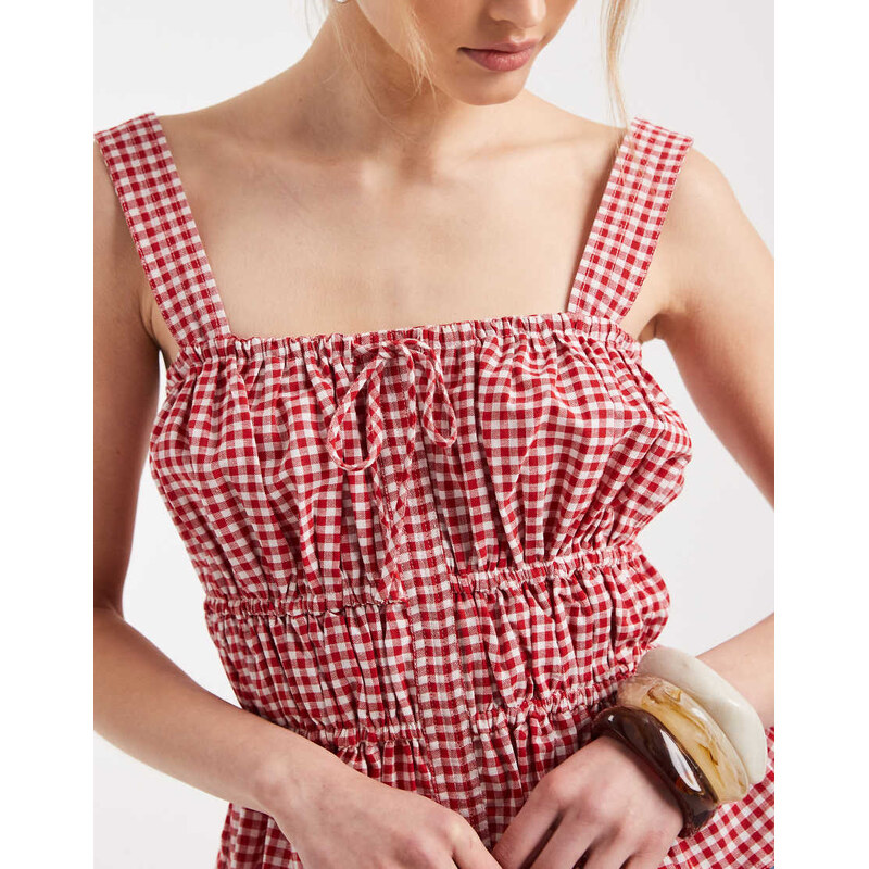 ASOS DESIGN cami with ruched detail and bows in red gingham-Multi