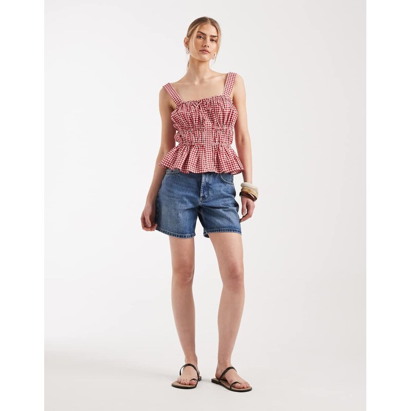 ASOS DESIGN cami with ruched detail and bows in red gingham-Multi