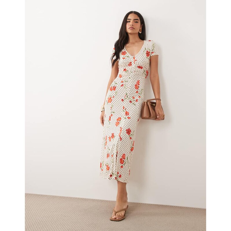 ASOS DESIGN button front ruched waist tea dress in spot floral