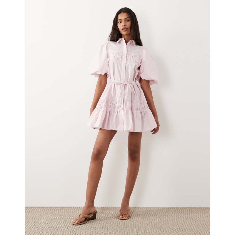 ASOS DESIGN shirt mini dress with puff sleeve and tie detail in