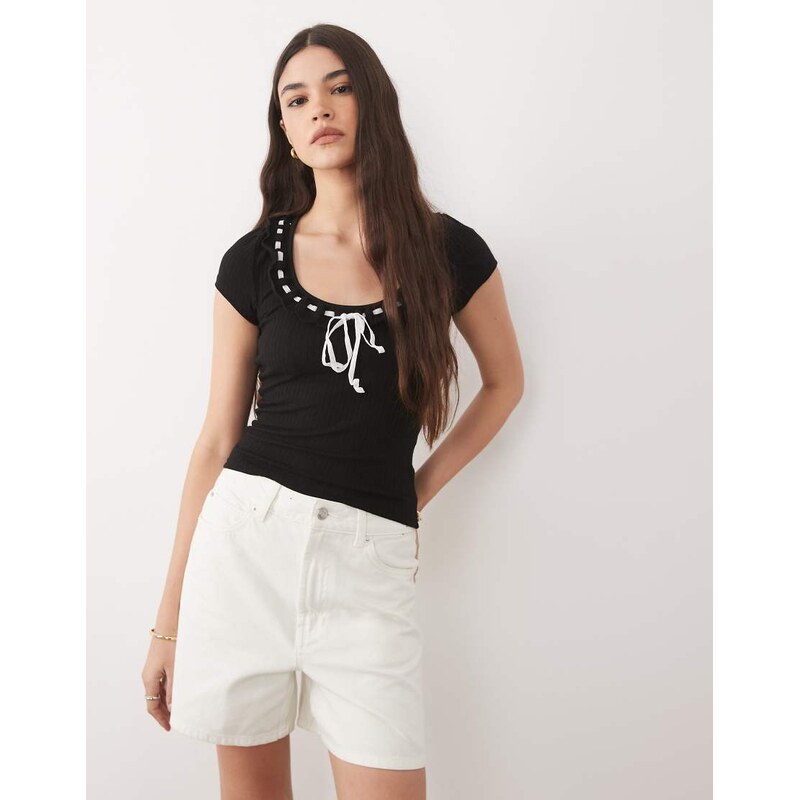 Brave Soul scoop neck ribbed jersey t-shirt with bow detail in