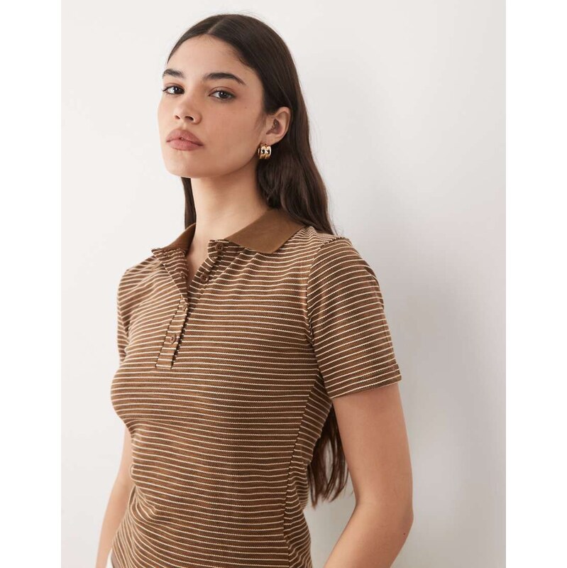 Brave Soul short sleeve jersey polo top in brown and cream stripe 115541657