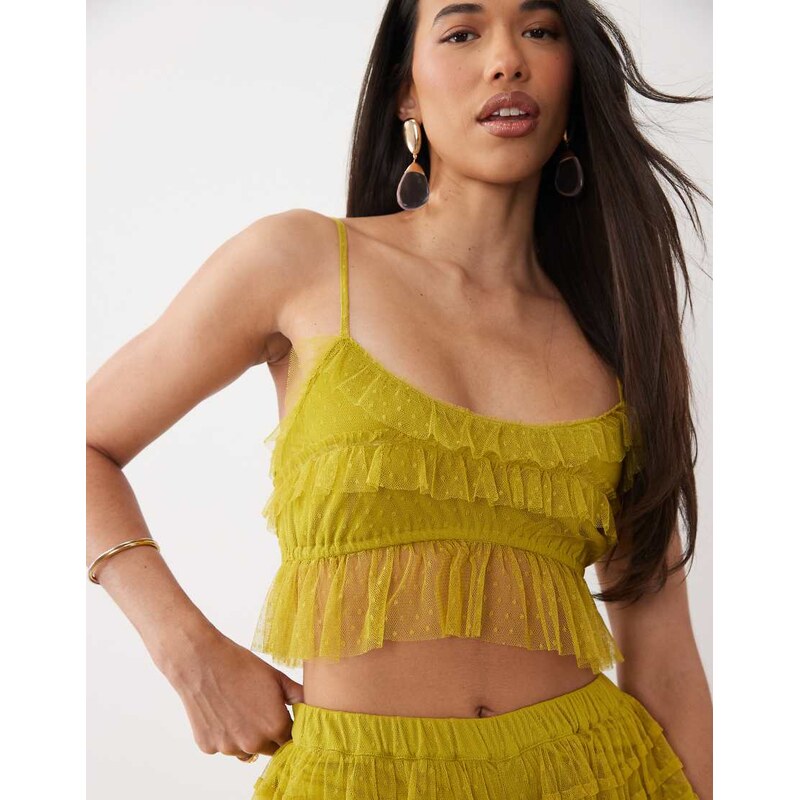 ASOS DESIGN dobby mesh semi sheer ruffle cropped cami top in