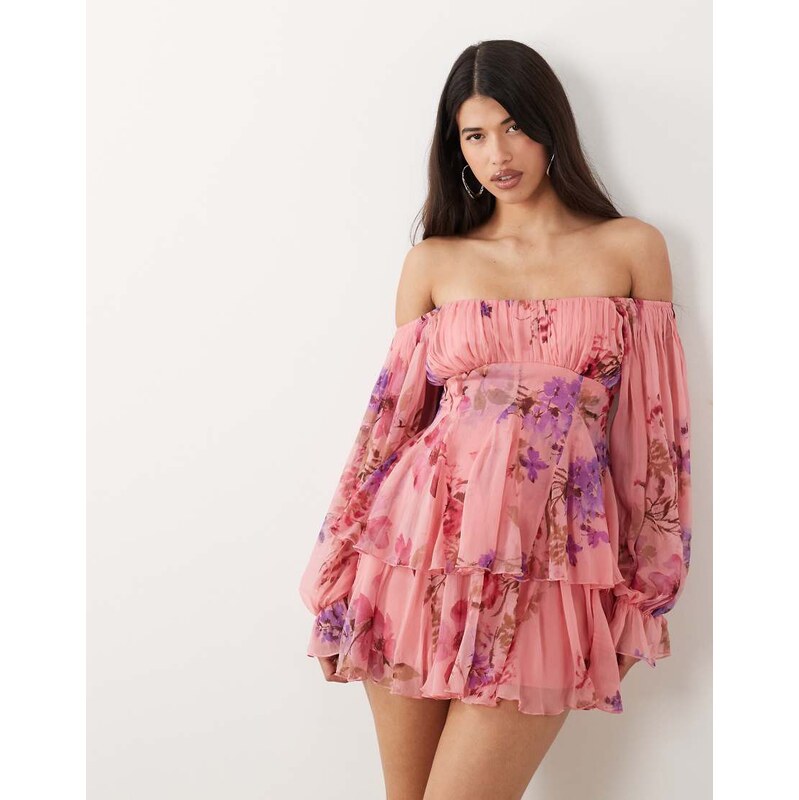 ASOS DESIGN double layer off shoulder godet mini dress in pink