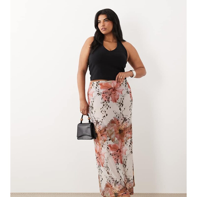 ASOS Curve ASOS DESIGN Curve sheer mesh maxi skirt in spotted floral 115541676