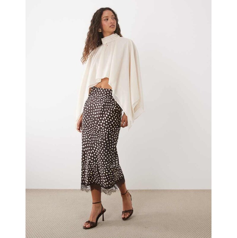 New Look lace trim abstract polka dot midi skirt in dark brown 115541700